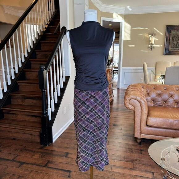 vintage y2k purple plaid stretchy midi skirt - Picture 3 of 5